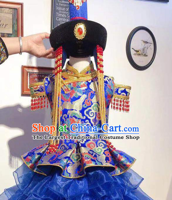Chinese Traditional Ethnic Festival Costume Mongol Nationality Dance Royal Blue Dress Mongolian Folk Dance Garment
