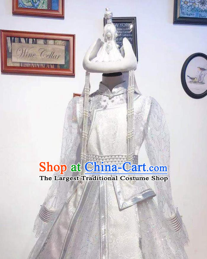Chinese Mongolian Folk Dance Garment Traditional Ethnic Festival Costume Mongol Nationality Wedding White Dress