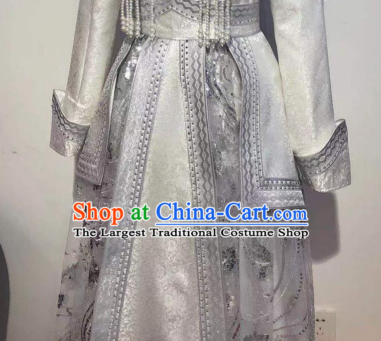 Chinese Mongol Nationality Wedding White Dress Mongolian Folk Dance Garment Traditional Ethnic Festival Costume