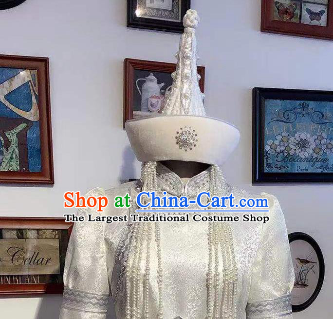 Chinese Mongol Nationality Wedding White Dress Mongolian Folk Dance Garment Traditional Ethnic Festival Costume