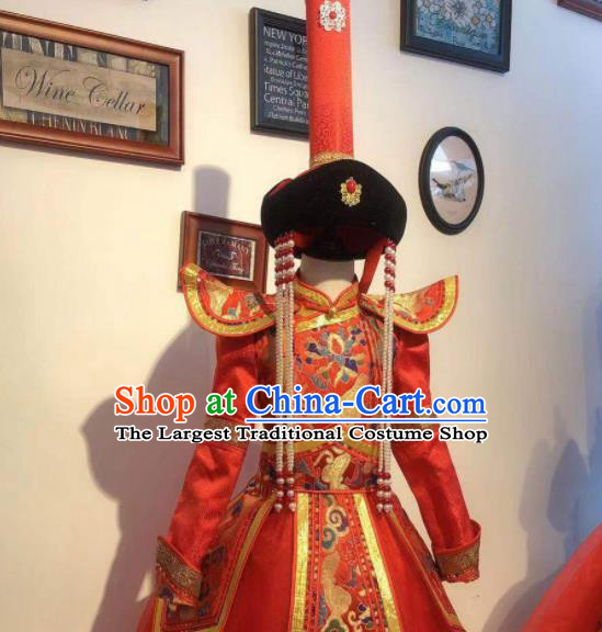 Chinese Mongol Nationality Bride Red Dress Mongolian Festival Garment Traditional Ethnic Wedding Costume