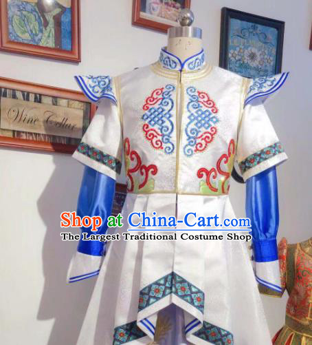 Chinese Mongol Nationality Folk Dance White Dress Mongolian Festival Garment Traditional Ethnic Children Costume