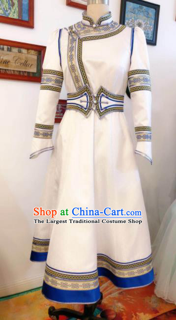 Chinese Mongolian Women Garment Traditional Ethnic Festival Costume Mongol Nationality Folk Dance White Dress