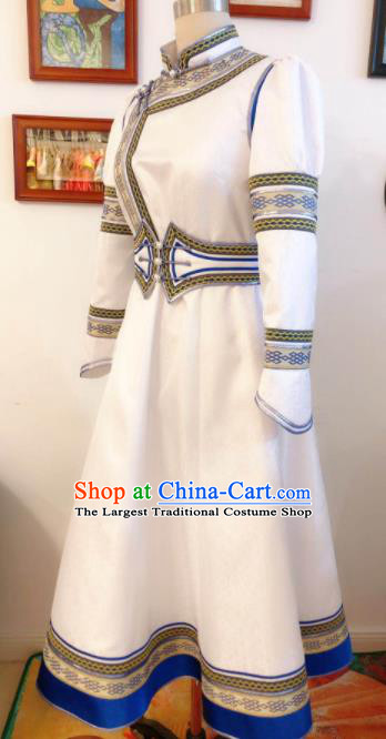 Chinese Mongolian Women Garment Traditional Ethnic Festival Costume Mongol Nationality Folk Dance White Dress