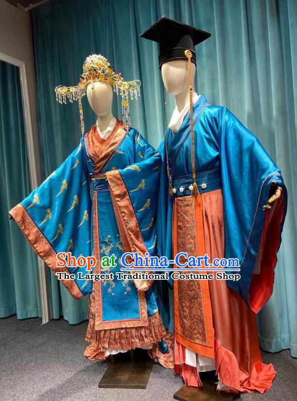 Chinese Tang Dynasty Costumes Ancient Bride and Groom Garments Feng Qi Luo Yang Wedding Clothing for Women for Men