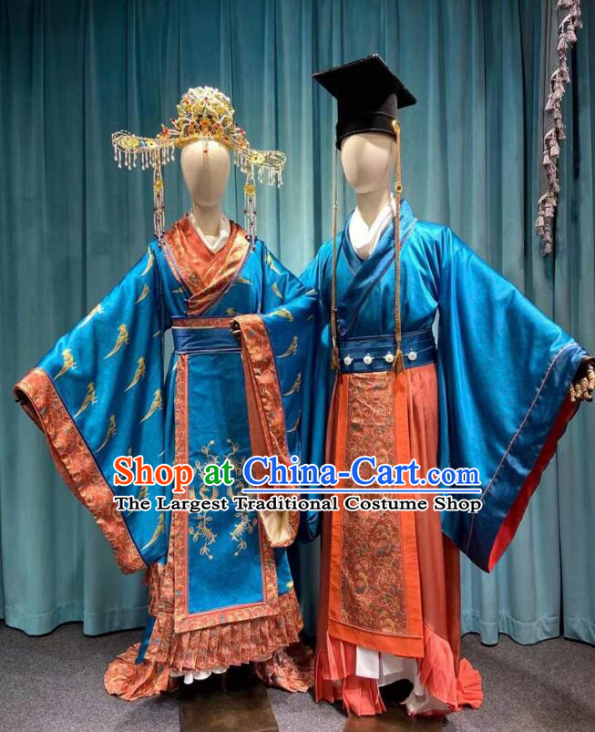 Chinese Tang Dynasty Costumes Ancient Bride and Groom Garments Feng Qi Luo Yang Wedding Clothing for Women for Men