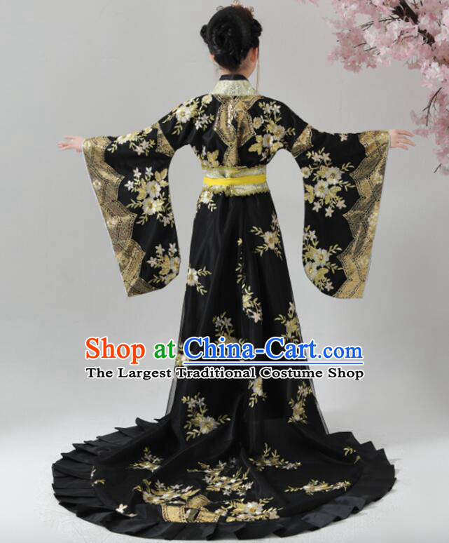 Chinese Ancient Imperial Consort Clothing Tang Dynasty Princess Costume Empress Black Trailing Dress for Kids