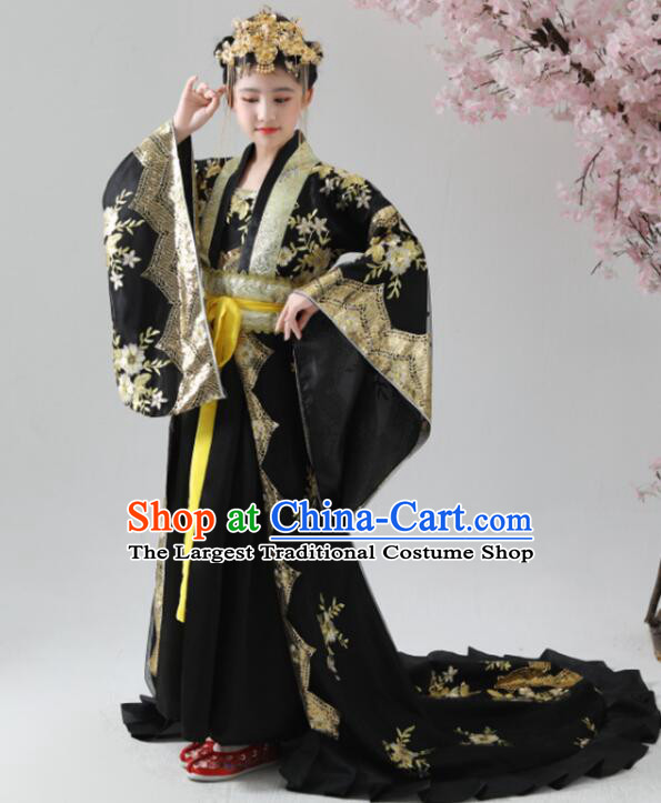 Chinese Ancient Imperial Consort Clothing Tang Dynasty Princess Costume Empress Black Trailing Dress for Kids