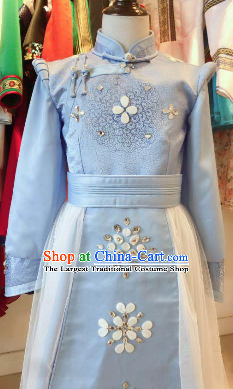 Chinese Mongol Nationality Woman Garment Costume Mongolian Festival Clothing Ethnic Folk Dance Blue Dress