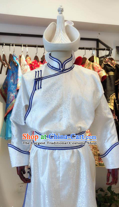 Chinese Mongol Nationality Wedding Garment Costume Mongolian Groom Clothing Ethnic Folk Dance White Robe