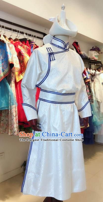 Chinese Mongol Nationality Wedding Garment Costume Mongolian Groom Clothing Ethnic Folk Dance White Robe