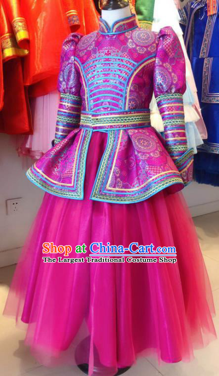 Chinese Mongol Nationality Folk Dance Garment Costume Mongolian Festival Clothing Ethnic Girl Megenta Dress