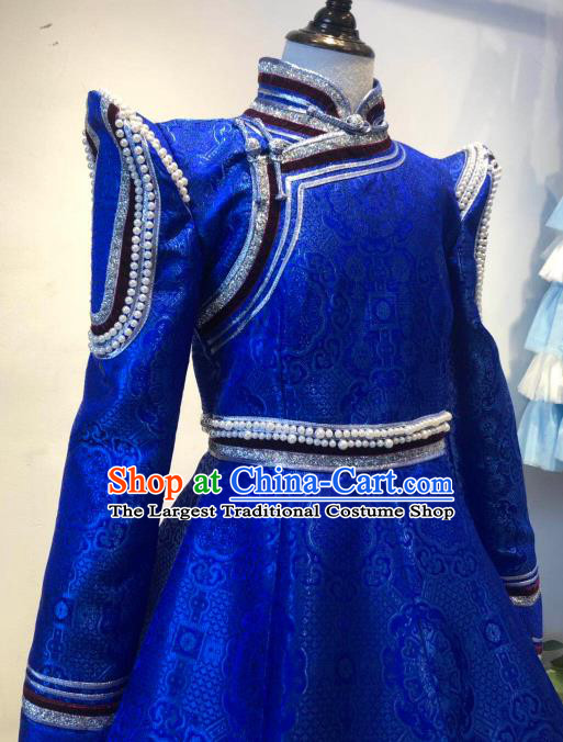 Chinese Ethnic Girl Royal Blue Dress Mongol Nationality Garment Costume Mongolian Festival Folk Dance Clothing