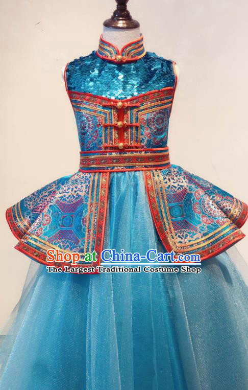 Chinese Ethnic Festival Girl Blue Dress Mongol Nationality Garment Costume Mongolian Folk Dance Clothing