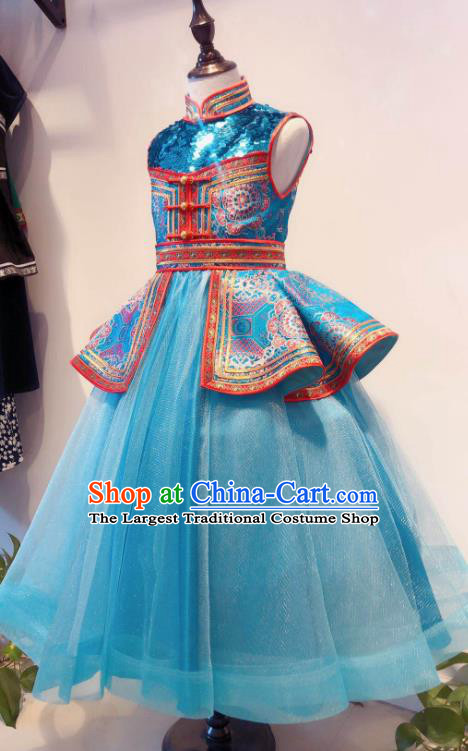 Chinese Ethnic Festival Girl Blue Dress Mongol Nationality Garment Costume Mongolian Folk Dance Clothing