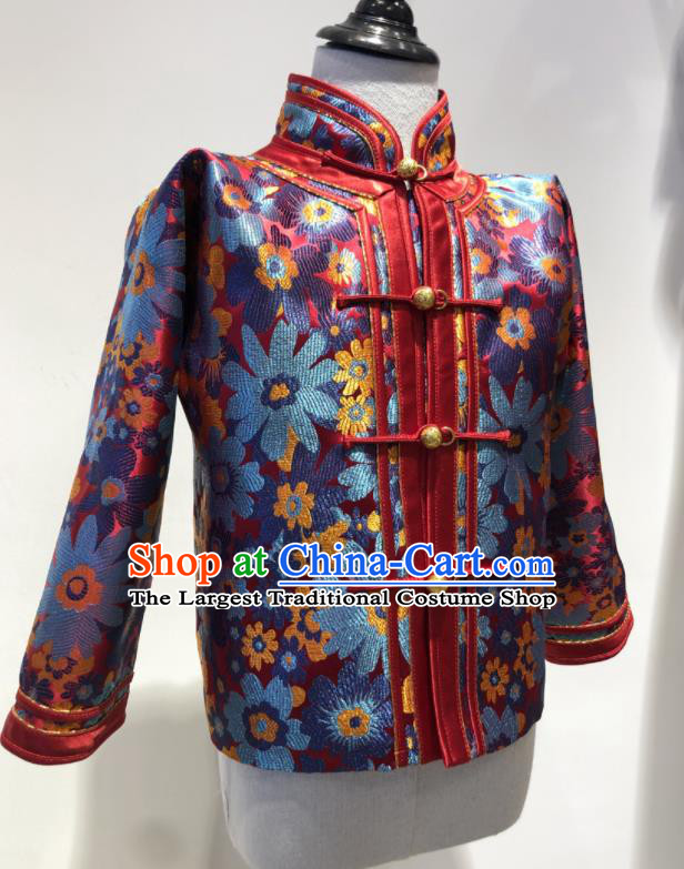 Chinese Mongol Nationality Top Garment Mongolian Children Folk Dance Clothing Ethnic Festival Brocade Mandarin Jacket