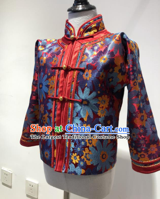 Chinese Mongol Nationality Top Garment Mongolian Children Folk Dance Clothing Ethnic Festival Brocade Mandarin Jacket