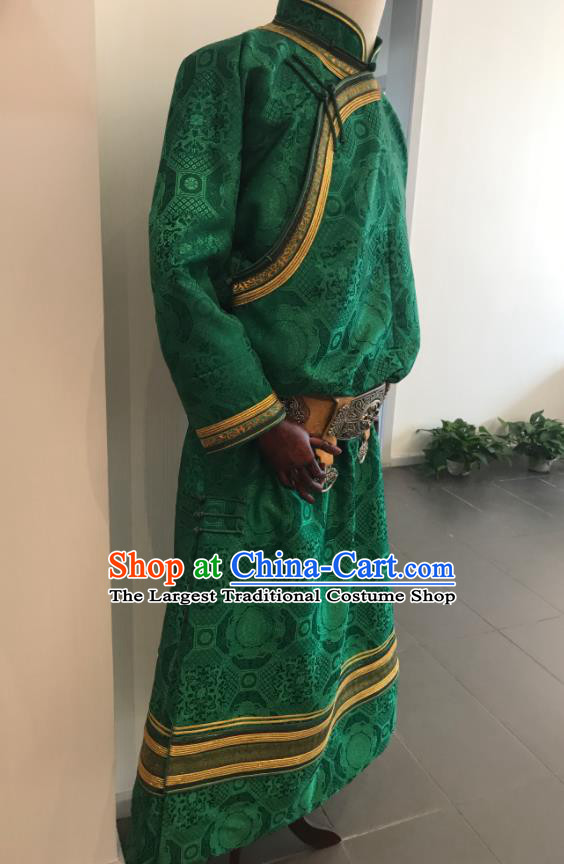 Chinese Mongol Nationality Wedding Garment Mongolian Festival Performance Clothing Ethnic Groom Green Robe Costume