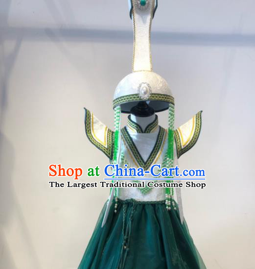 Chinese Ethnic Girl Green Dress Costume Mongol Nationality Dance Garment Mongolian Festival Performance Clothing