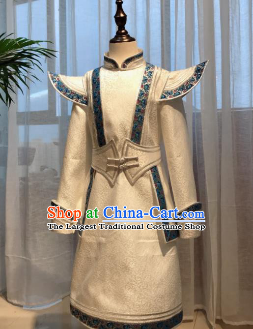 Chinese Mongol Nationality Boy White Garment Mongolian Festival Dance Clothing Ethnic Costume