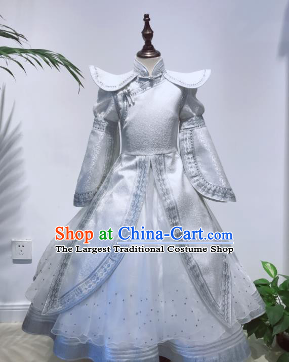 Chinese Mongolian Festival Performance Clothing Ethnic Folk Dance Costume Mongol Nationality Girl White Dress Garment