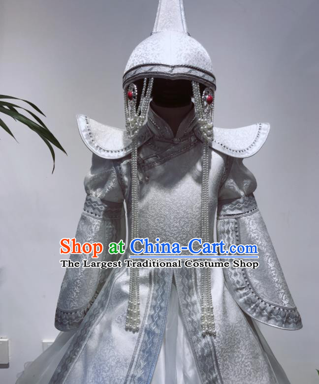 Chinese Mongolian Festival Performance Clothing Ethnic Folk Dance Costume Mongol Nationality Girl White Dress Garment