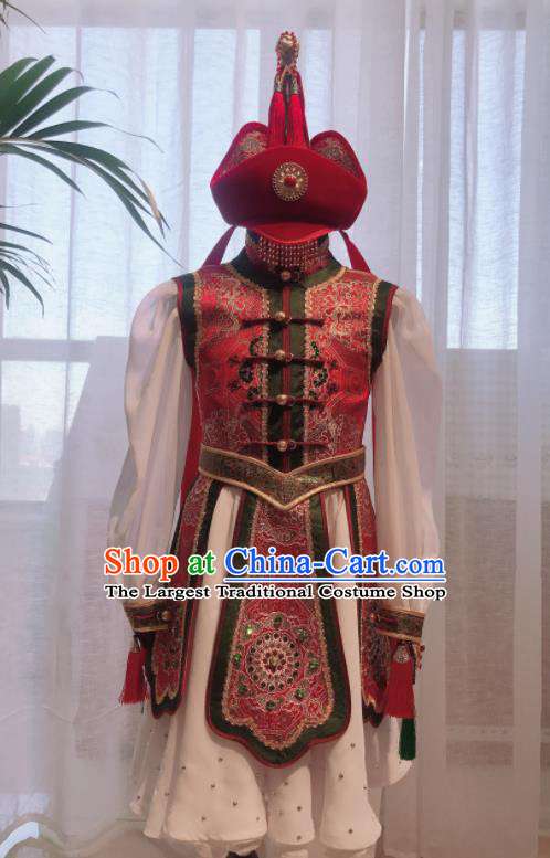 Chinese Mongolian Festival Performance Clothing Ethnic Girl Costume Mongol Nationality Performance Dress Garment and Hat