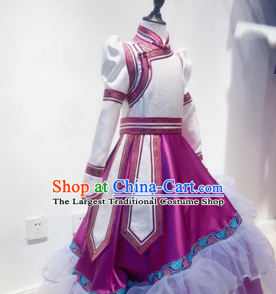 Chinese Mongolian Girl Performance Magenta Dress Ethnic Children Clothing Mongol Nationality Folk Dance Costume