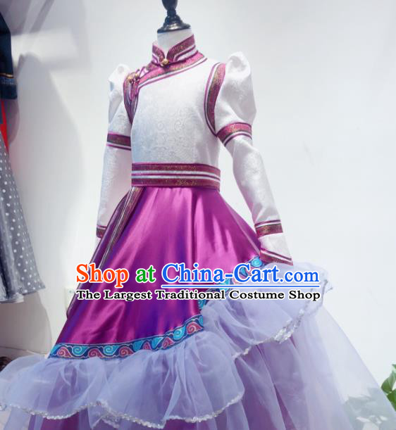 Chinese Mongolian Girl Performance Magenta Dress Ethnic Children Clothing Mongol Nationality Folk Dance Costume