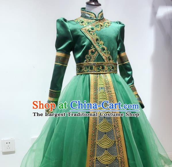 Chinese Mongol Nationality Folk Dance Costume Mongolian Girl Performance Green Dress Ethnic Children Clothing