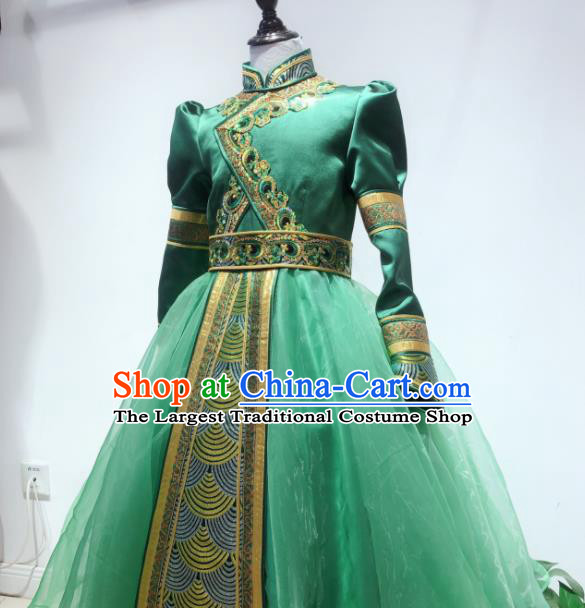 Chinese Mongol Nationality Folk Dance Costume Mongolian Girl Performance Green Dress Ethnic Children Clothing