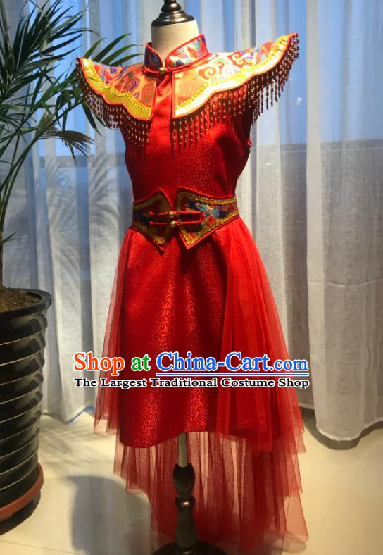 Chinese Mongolian Girl Dance Red Dress Ethnic Children Clothing Mongol Nationality Performance Costume