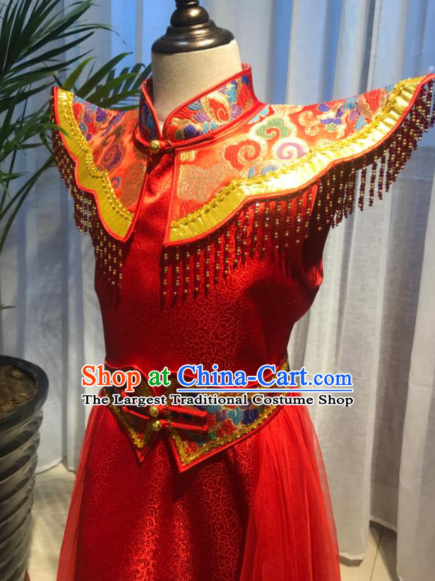 Chinese Mongolian Girl Dance Red Dress Ethnic Children Clothing Mongol Nationality Performance Costume
