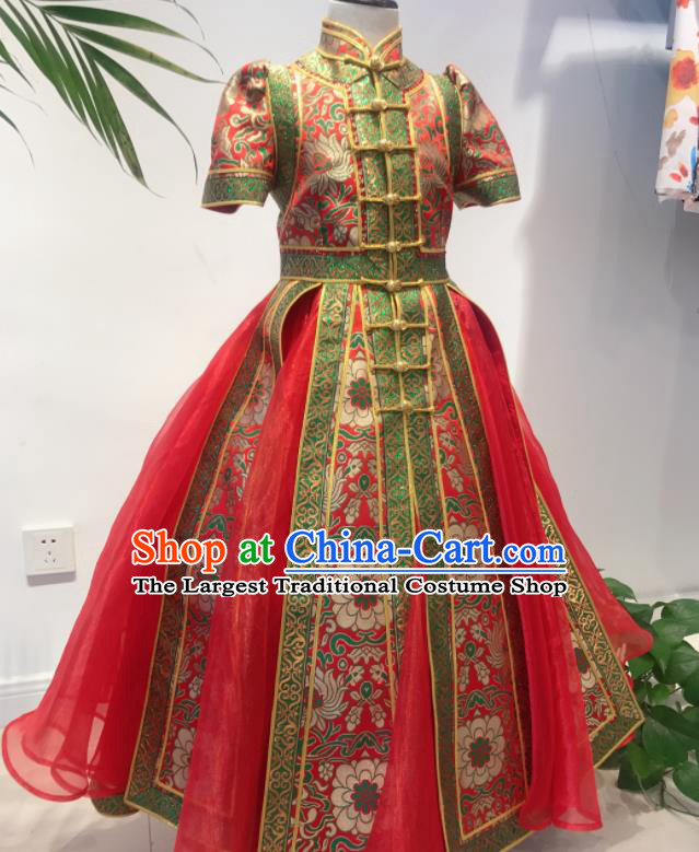 Chinese Mongol Nationality Compere Costume Mongolian Children Folk Dance Red Brocade Dress Ethnic Festival Performance Clothing