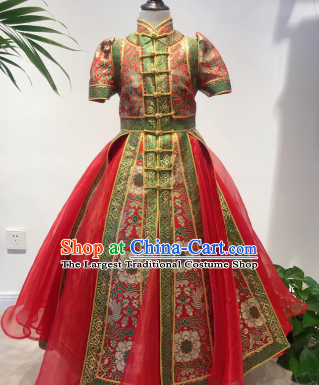 Chinese Mongol Nationality Compere Costume Mongolian Children Folk Dance Red Brocade Dress Ethnic Festival Performance Clothing