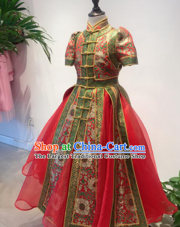 Chinese Mongol Nationality Compere Costume Mongolian Children Folk Dance Red Brocade Dress Ethnic Festival Performance Clothing