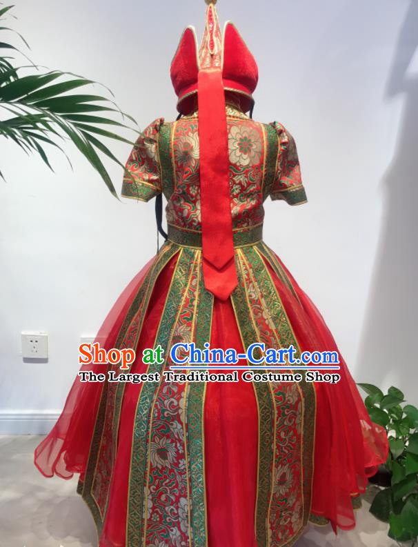 Chinese Mongol Nationality Compere Costume Mongolian Children Folk Dance Red Brocade Dress Ethnic Festival Performance Clothing