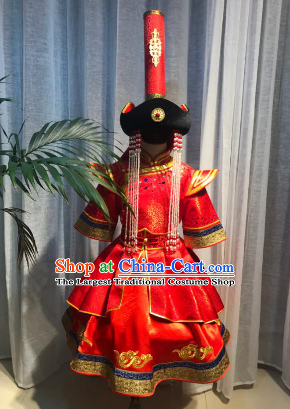 Chinese Ethnic Festival Performance Clothing Mongol Nationality Compere Costume Mongolian Children Folk Dance Red Dress