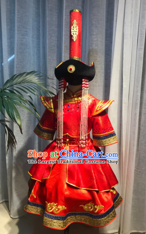 Chinese Ethnic Festival Performance Clothing Mongol Nationality Compere Costume Mongolian Children Folk Dance Red Dress