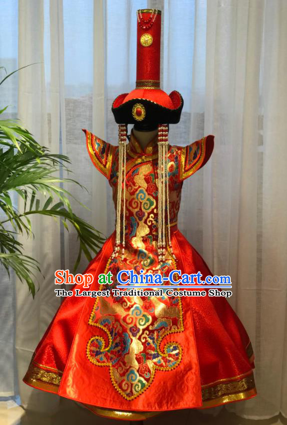 Chinese Mongol Nationality Children Compere Costume Mongolian Folk Dance Red Brocade Dress Ethnic Festival Performance Clothing