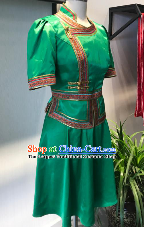 Chinese Ethnic Waitress Clothing Mongol Nationality Woman Garment Costume Mongolian Folk Dance Green Dress