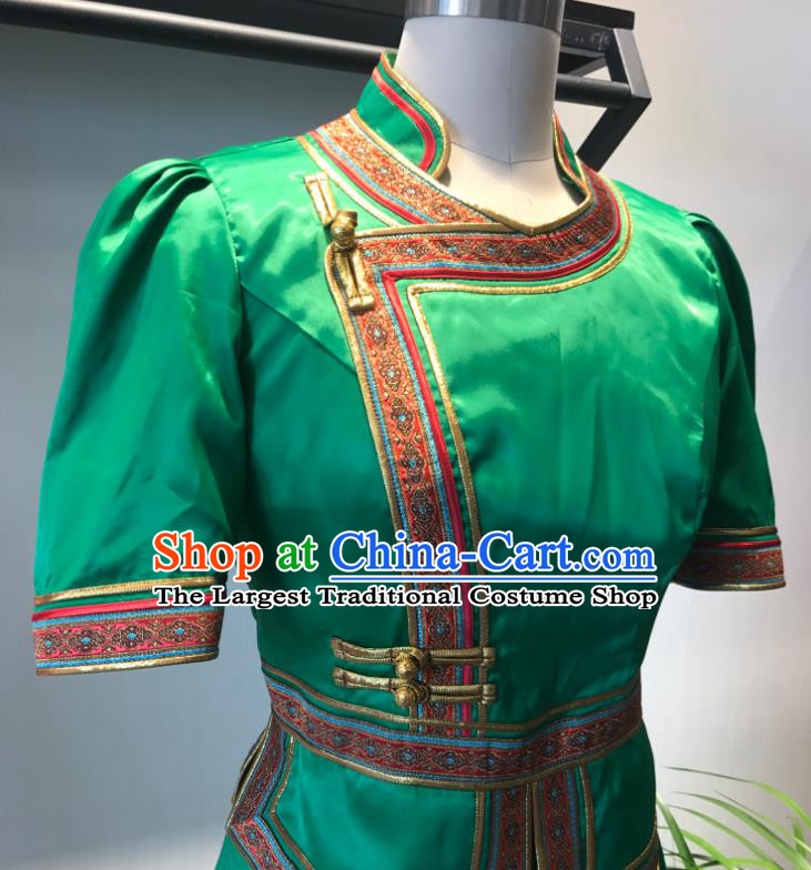 Chinese Ethnic Waitress Clothing Mongol Nationality Woman Garment Costume Mongolian Folk Dance Green Dress