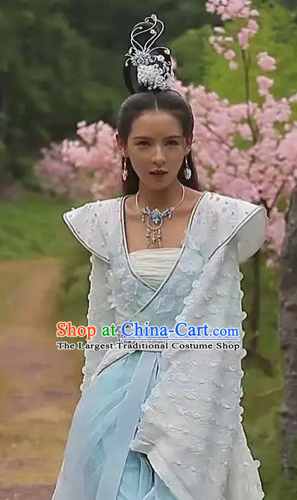 Chinese Ancient Fairy Beauty Blue Dress Romance Movie Mermaid Bound Bai Qiulian Garment Costume