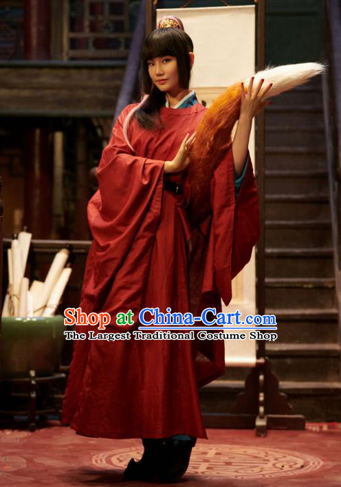 Chinese Ancient Scholar Red Robe Costume Romance Movie Soul Snatcher Clothing Traditional Young Childe Garment