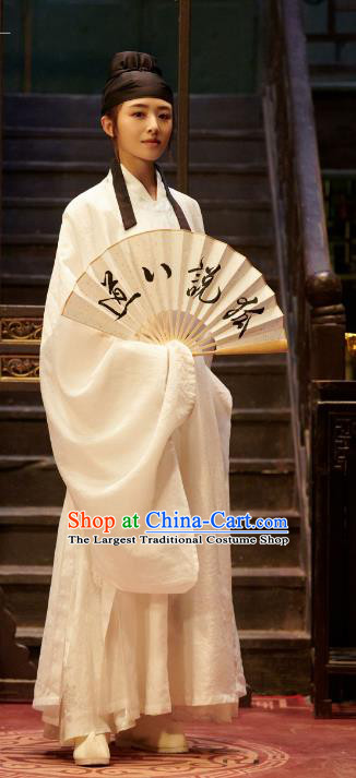 Chinese Traditional Young Childe Garment Ancient Scholar White Robe Costume Romance Movie Soul Snatcher Clothing and Headpiece Complete Set