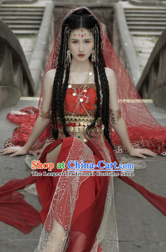 Chinese Tang Dynasty Dance Lady Garment Costumes Traditional Ethnic Dance Red Dress Ancient Palace Beauty Clothing