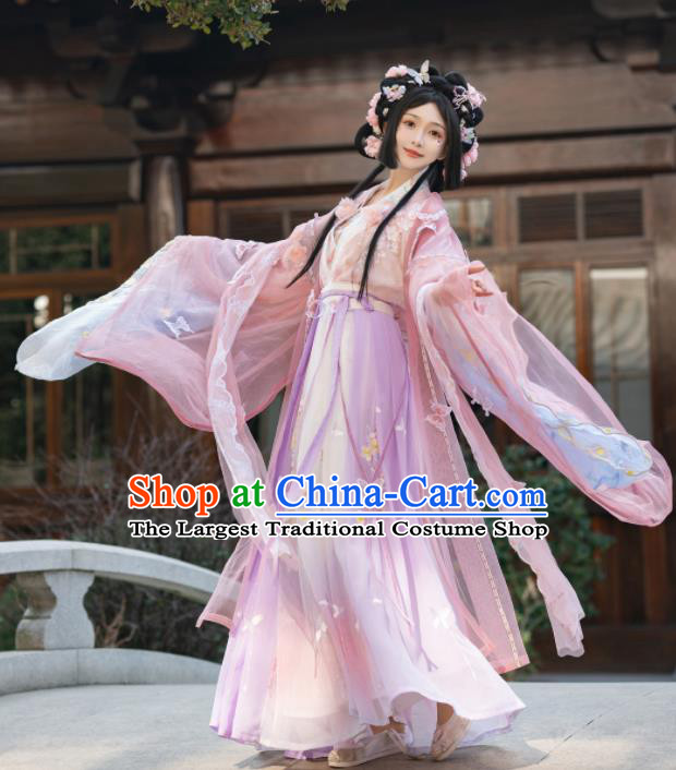 Chinese Ancient Flower Fairy Clothing Southern and Northern Dynasties Princess Garment Costumes Traditional Pink Hanfu Dress