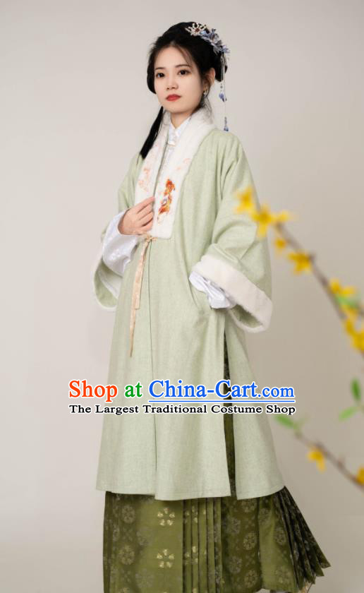 Chinese Traditional Winter Hanfu Green Jacket and Skirt Ancient Noble Lady Clothing Ming Dynasty Princess Garment Costumes