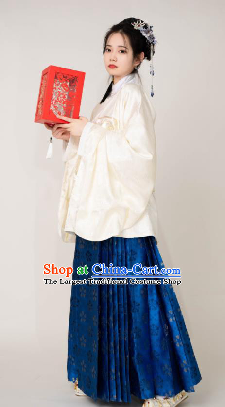 Chinese Ming Dynasty Princess Garment Costumes Traditional Hanfu Beige Blouse and Blue Skirt Ancient Noble Lady Clothing