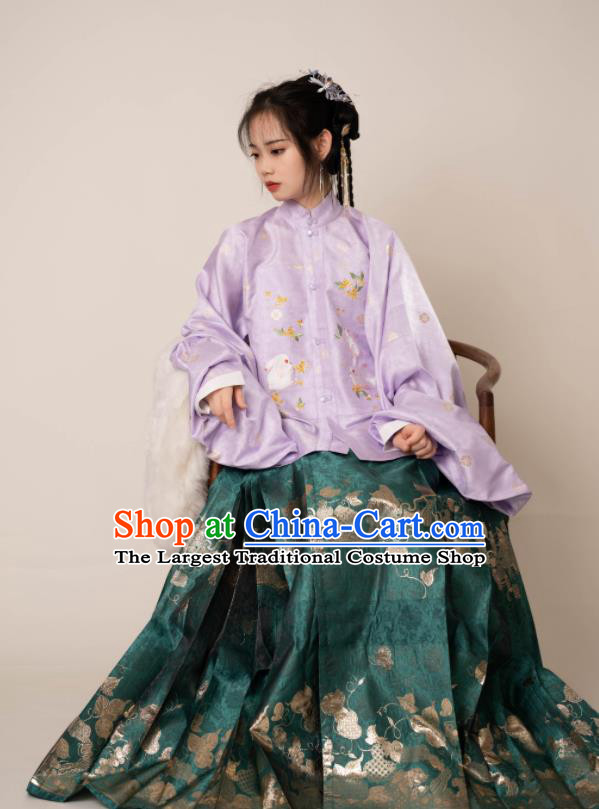 Chinese Ancient Noble Lady Clothing Ming Dynasty Princess Garment Costumes Traditional Hanfu Purple Blouse and Green Skirt Complete Set